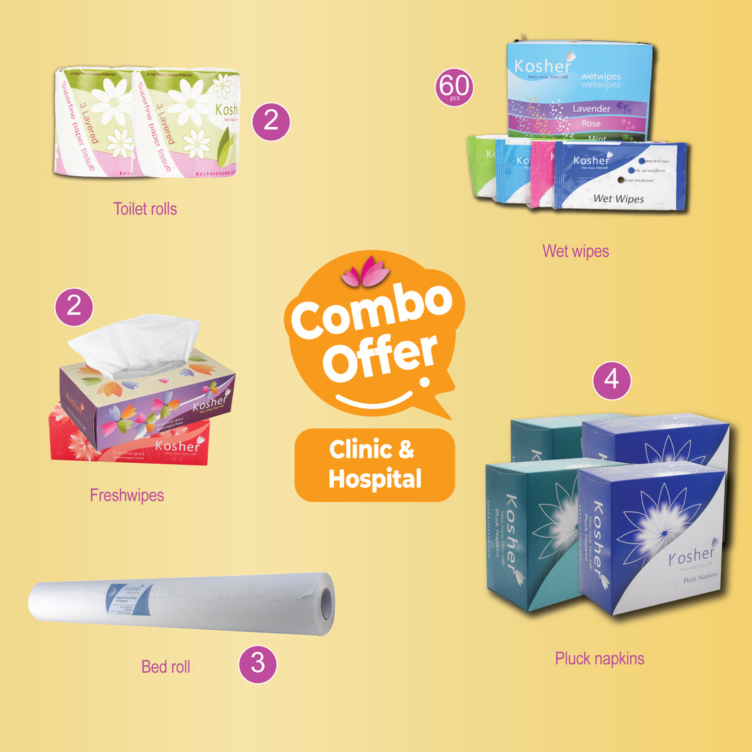 Kosher combo for clinics - facial tissue ( 100 pulls ) | toilet roll 100 gms | bed roll 1kg | wet wipes box | Pluck napkin ( 12 x 12) |