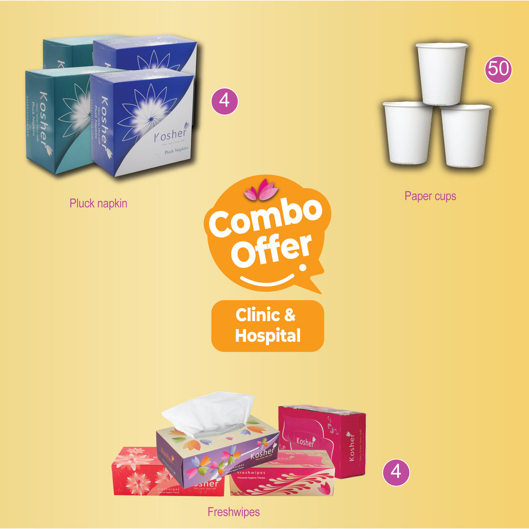 Kosher combo for clinic - pluck napkin 12 x12 | Paper cups 90 ml| facial tissue ( 100 pulls)