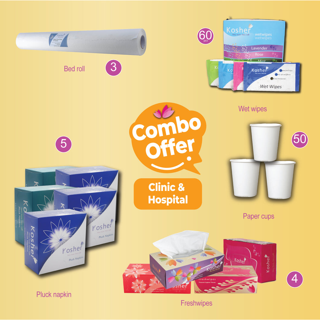 Kosher combo for salons - Facial tissue ( 100 pulls )| Bed roll 1kg | wet wipes box | Paper cups 90 ml | pluck napkin 12 x 12 |