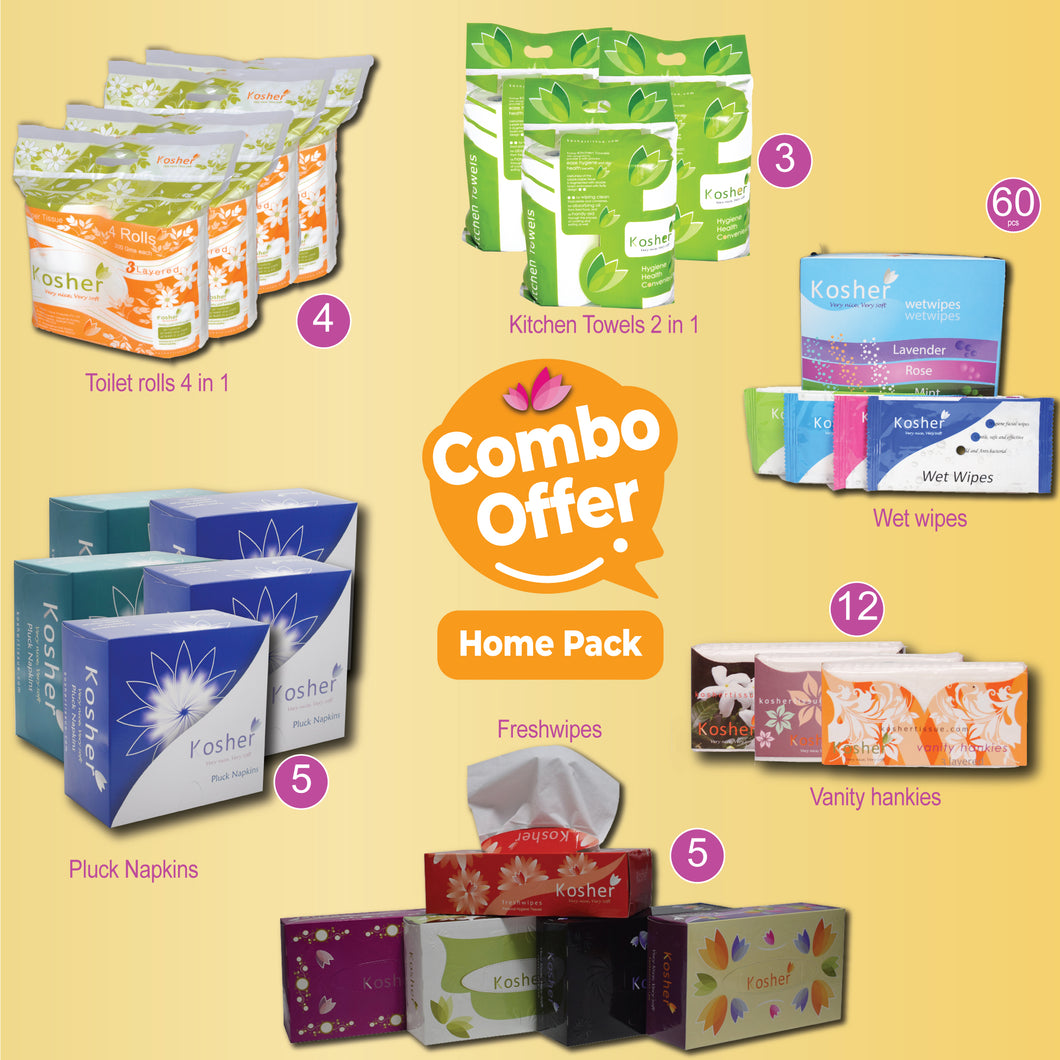 Kosher combo pack for homes - kitchen towel 2 in 1 | facial tissue 100 pulls | napkins 12 x 12  | toilet rolll 4 in 1| wet wipes box | pocket tissue