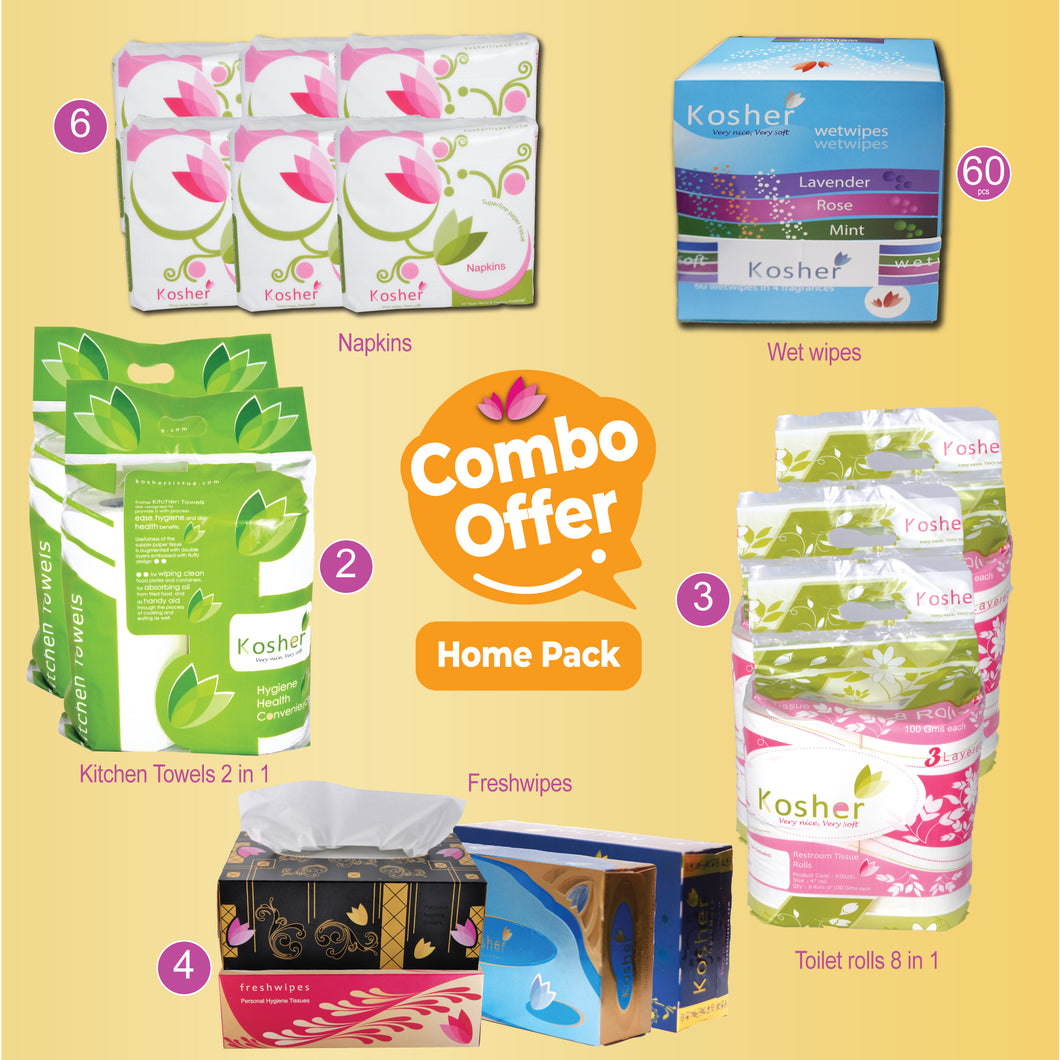 Kosher combo pack for homes-Kitchen towel 4 in 1| toilet roll 8 in 1 | Napkin (12 x 12)| Wet wipes|Facial tissue(200 pulls)s