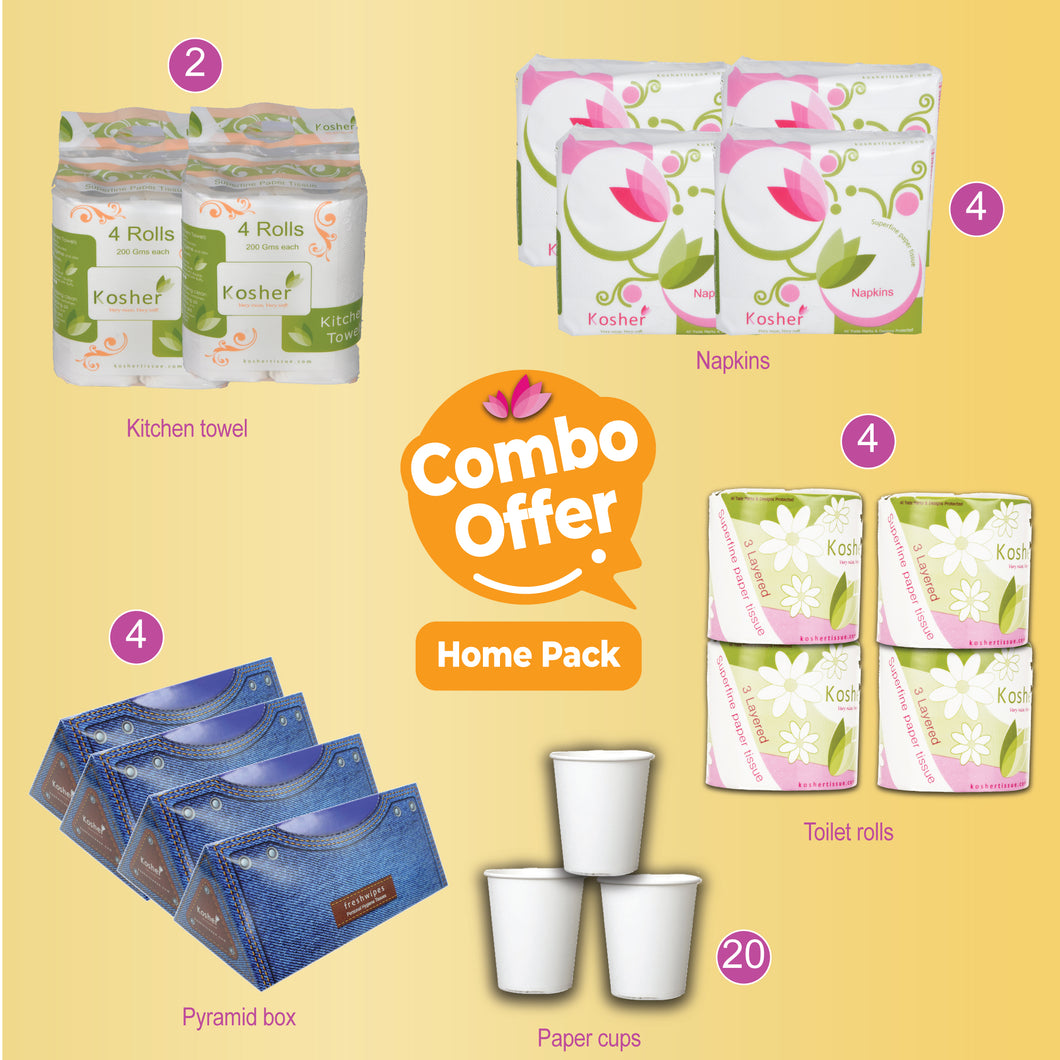 Kosher Combo for Home packs- Kitchen Towel 4 in 1| napkin ( 12 x 12 )|Pyramid facial tissue box| paper cups 90 ml | toilet roll 100 gms|