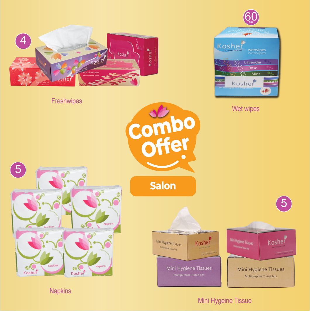 Kosher combo pack for salons - facial tissue 100 pulls | wet wipes box| napkin 12 x 12 | mini hygiene tissue box |