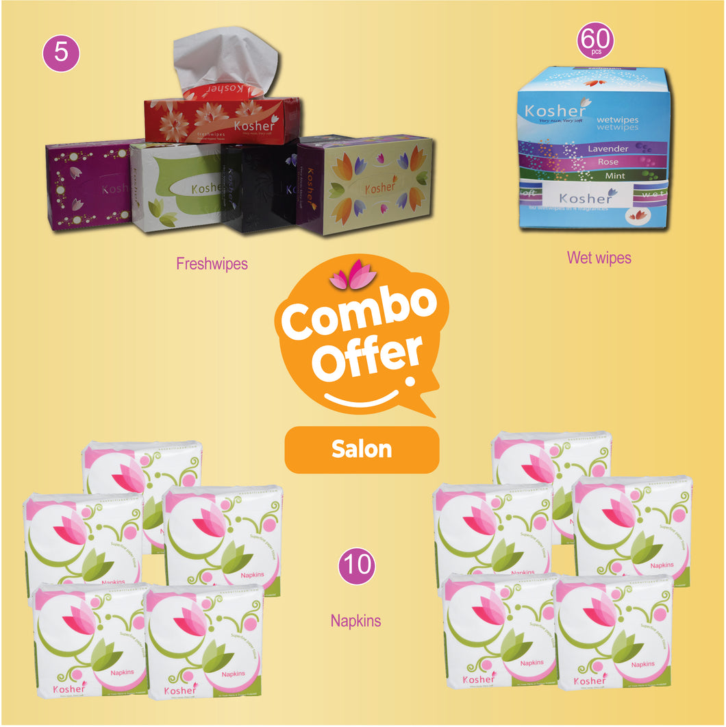 Kosher Combo Packs for salons - Napkin ( 12 x 12 )| Facial Tissue ( 100 pulls)| wet wipes box |